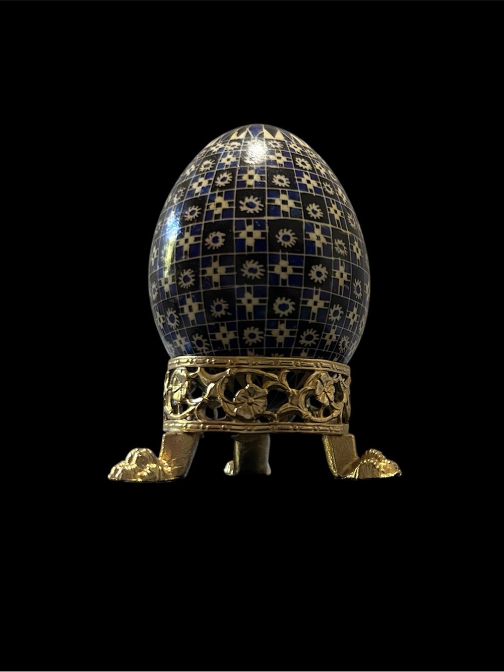 Vintage Ukrainian Pysanky Egg Straw Inlay Geometric Motif Italian Brass Stand